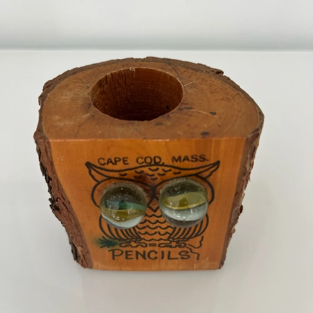 Vintage Owl Tree Trunk Wood Pencil Holder With Marble Eyes Cape Cod Mass